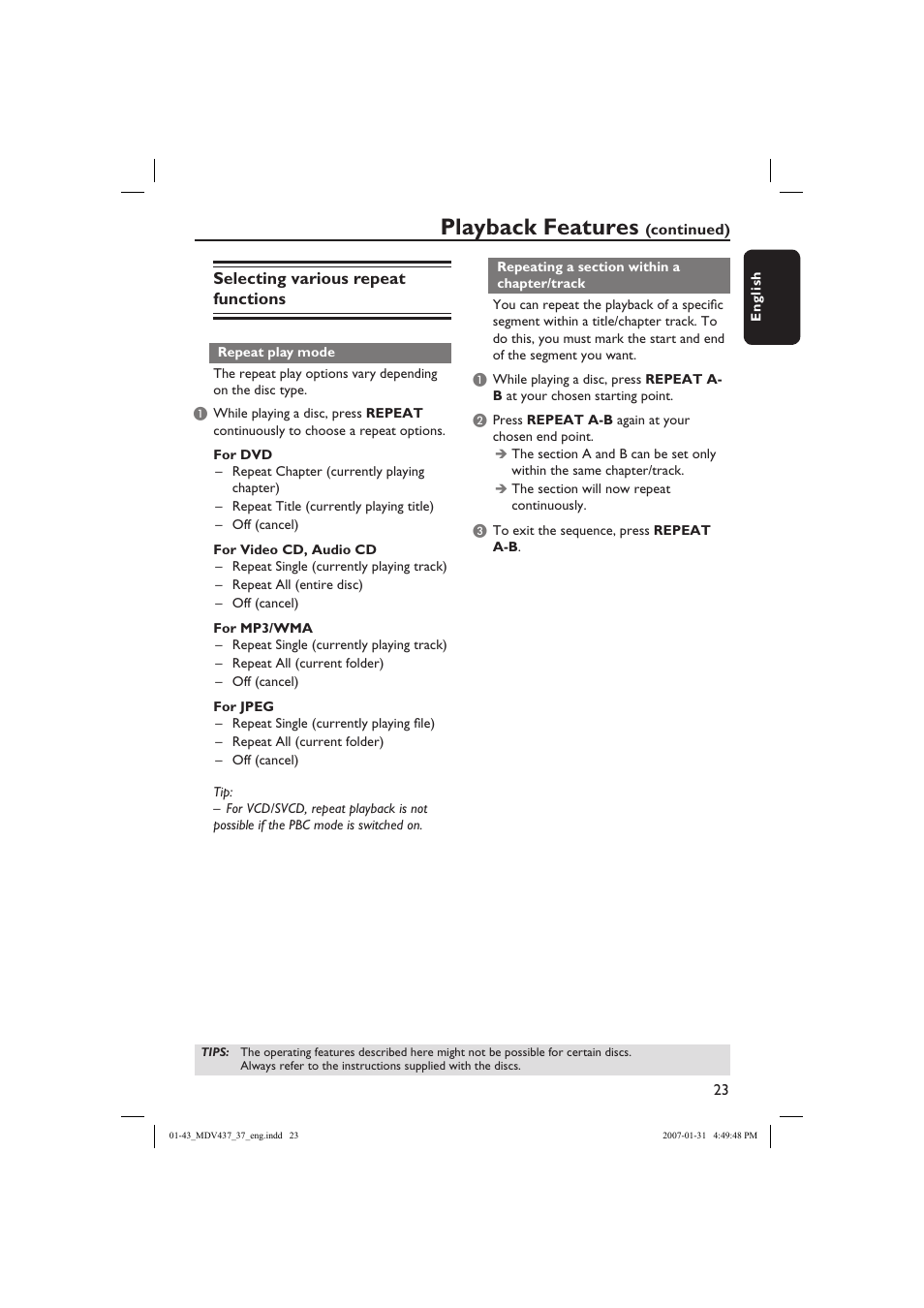 Playback features | Philips Magnavox MDV437 User Manual | Page 23 / 43