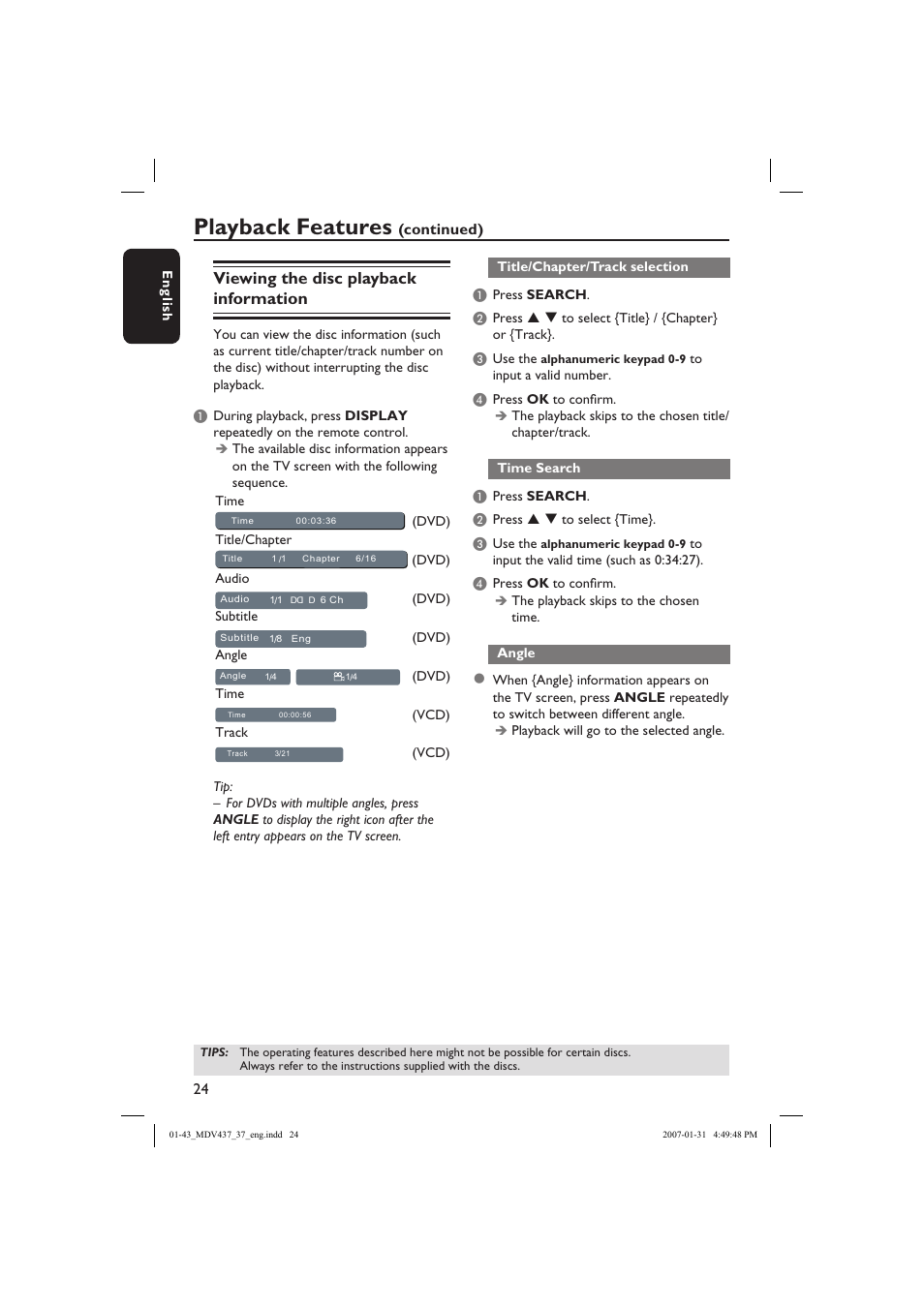 Playback features, Viewing the disc playback information, Continued) | Philips Magnavox MDV437 User Manual | Page 24 / 43