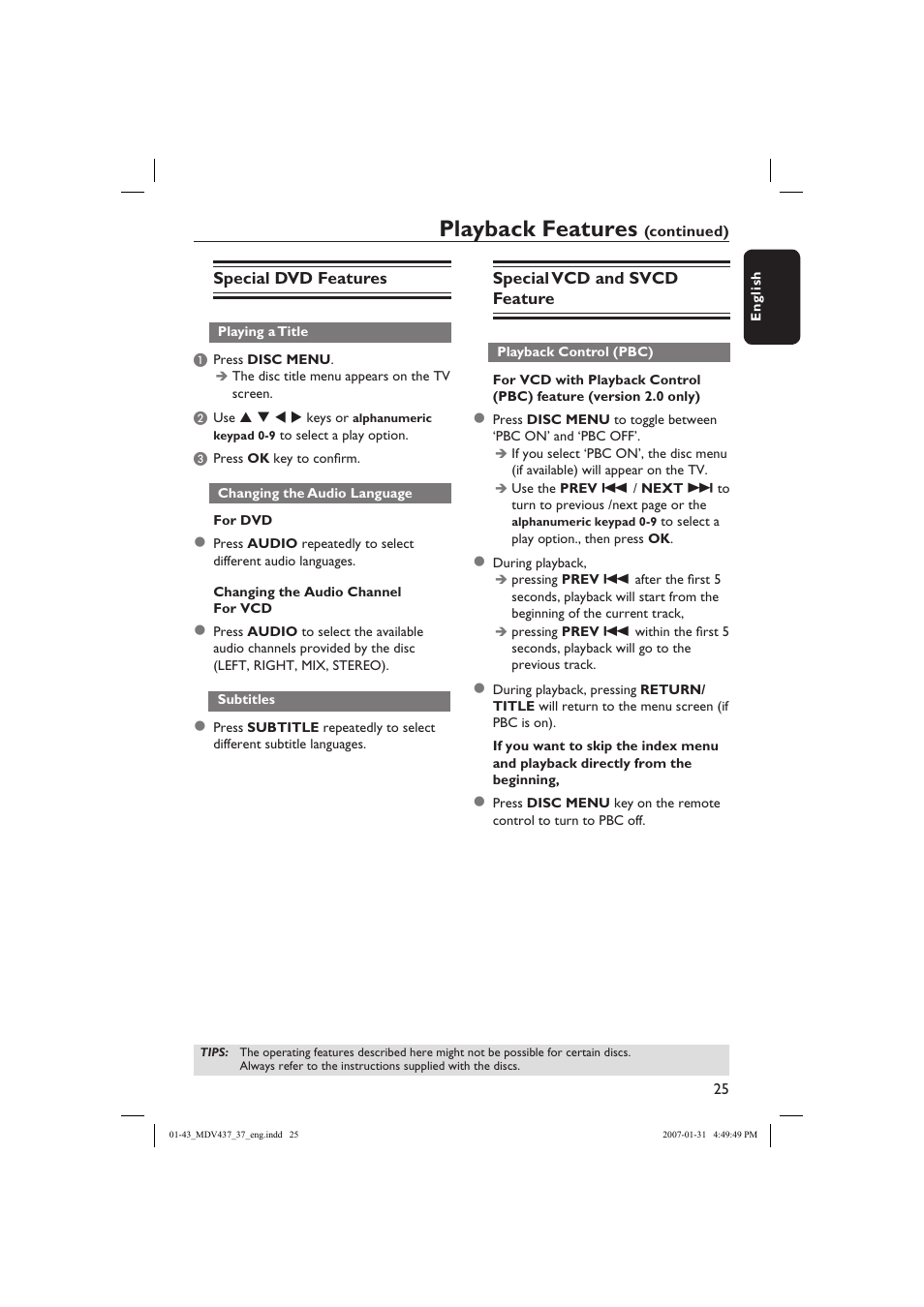 Playback features | Philips Magnavox MDV437 User Manual | Page 25 / 43