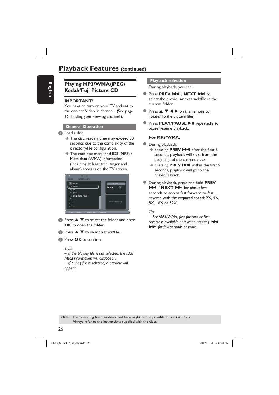 Playback features, Playing mp3/wma/jpeg/ kodak/fuji picture cd, Continued) | Philips Magnavox MDV437 User Manual | Page 26 / 43