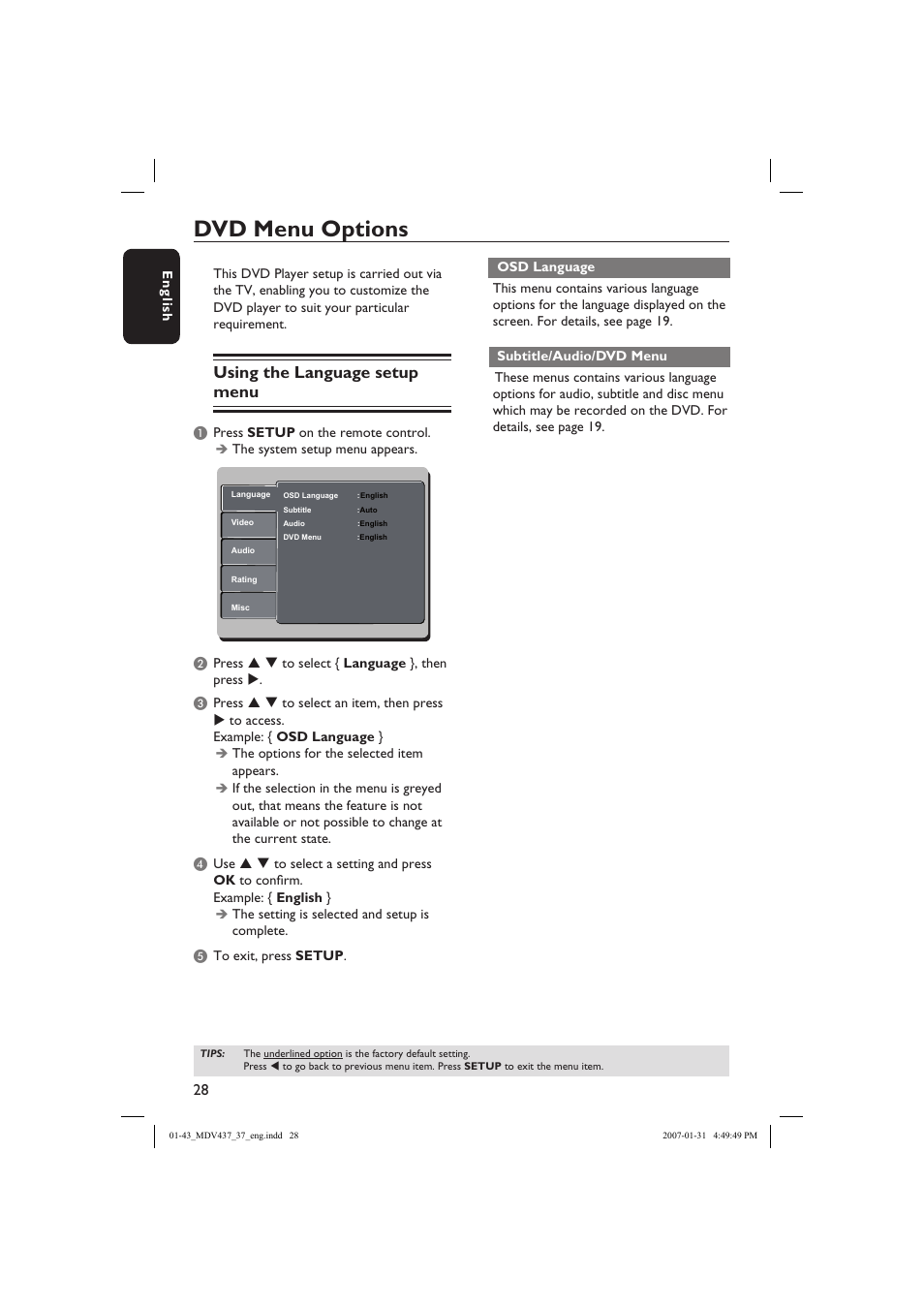 Dvd menu options, Using the language setup menu | Philips Magnavox MDV437 User Manual | Page 28 / 43