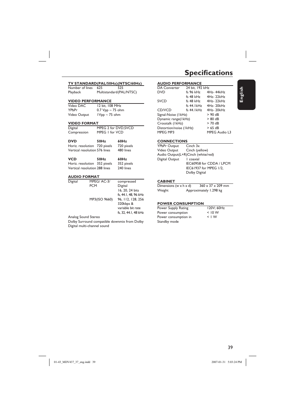 Specifi cations | Philips Magnavox MDV437 User Manual | Page 39 / 43