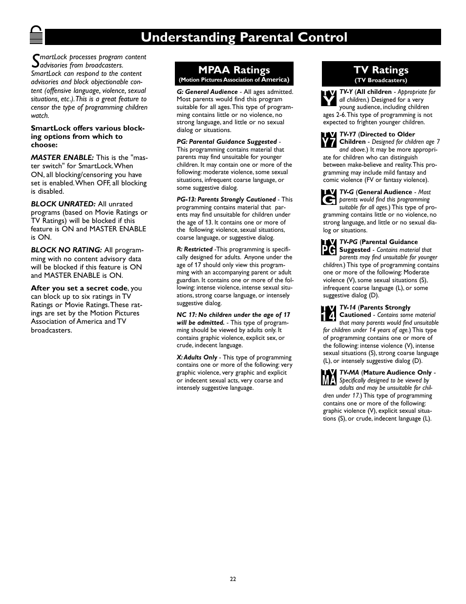 Understanding parental control, Mpaa ratings, Tv ratings | Philips Magnavox 27MS343S User Manual | Page 22 / 36