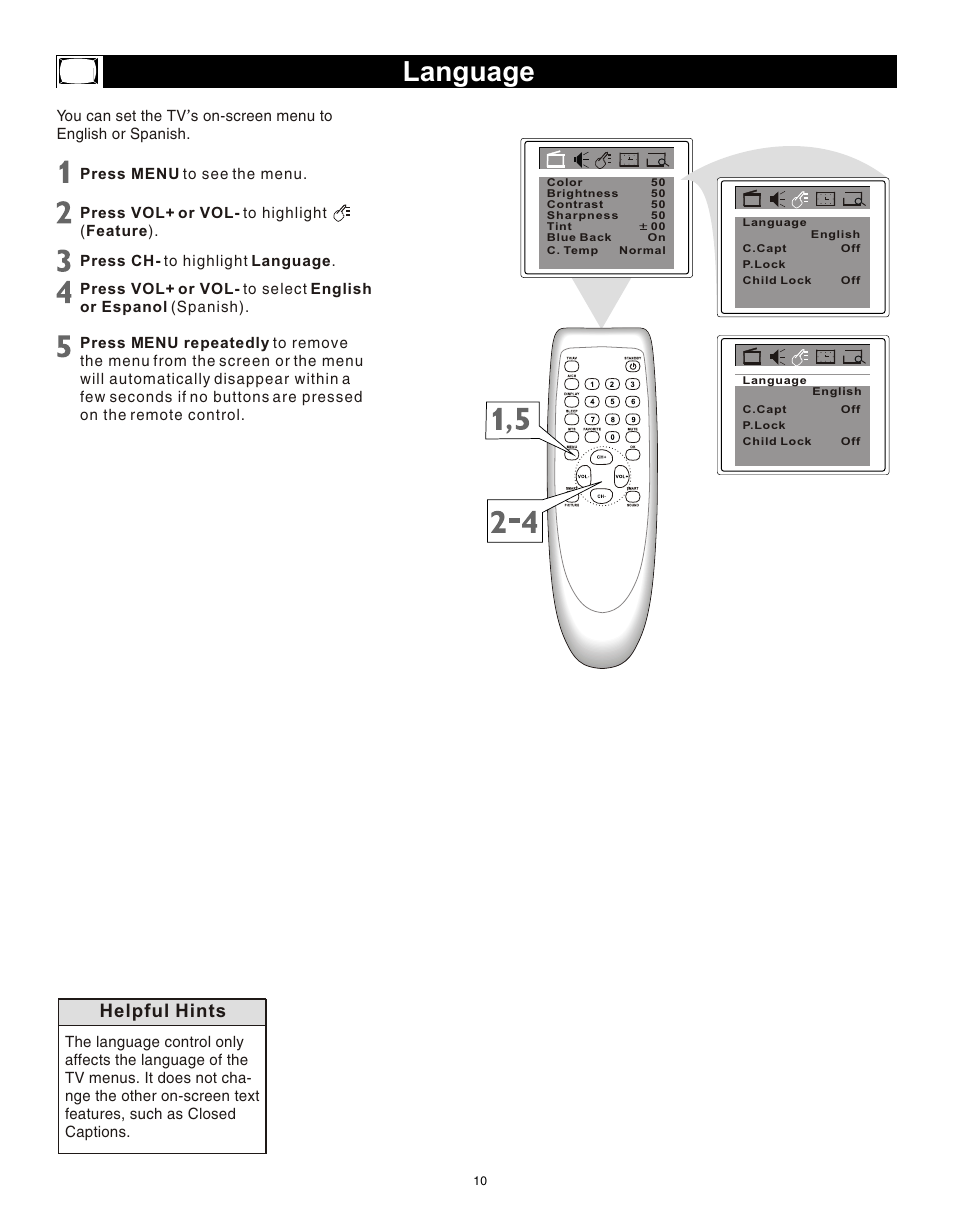 Т³гж 9, Language, Helpful hints | Philips Magnavox 20MS3442/17 User Manual | Page 10 / 36