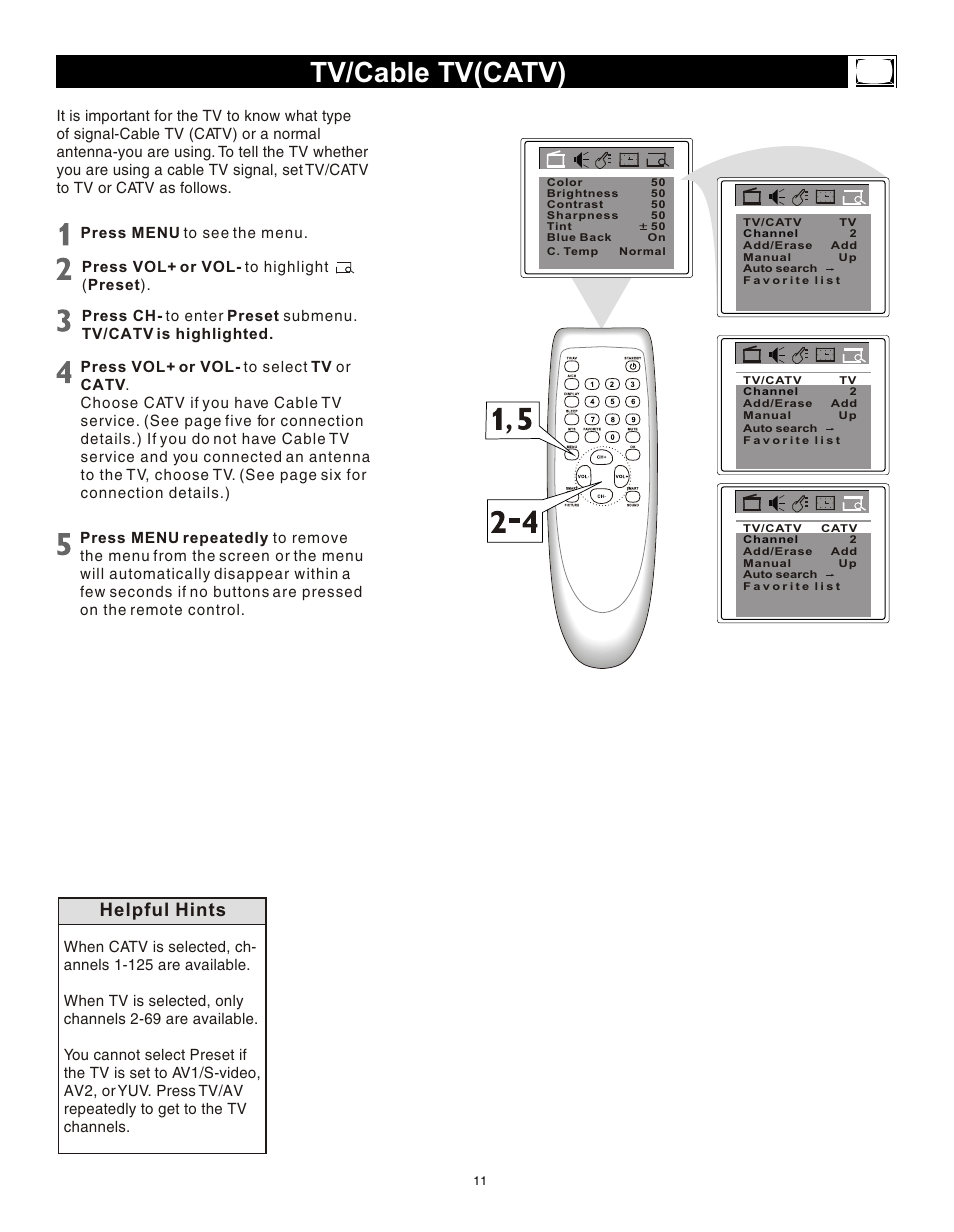 Т³гж 10, Tv/cable tv(catv), Helpful hints | Philips Magnavox 20MS3442/17 User Manual | Page 11 / 36