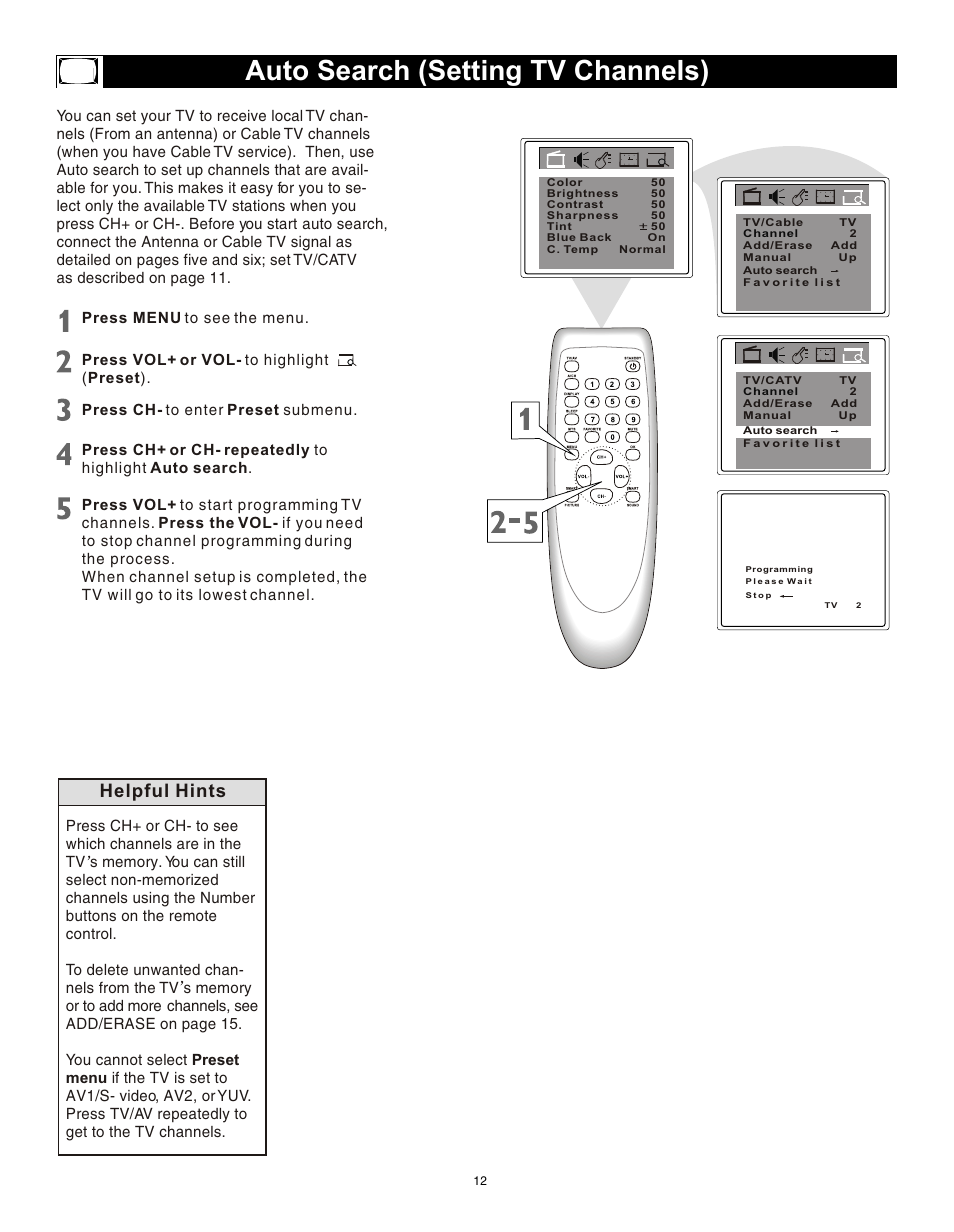 Т³гж 11, Auto search (setting tv channels), Helpful hints | Philips Magnavox 20MS3442/17 User Manual | Page 12 / 36