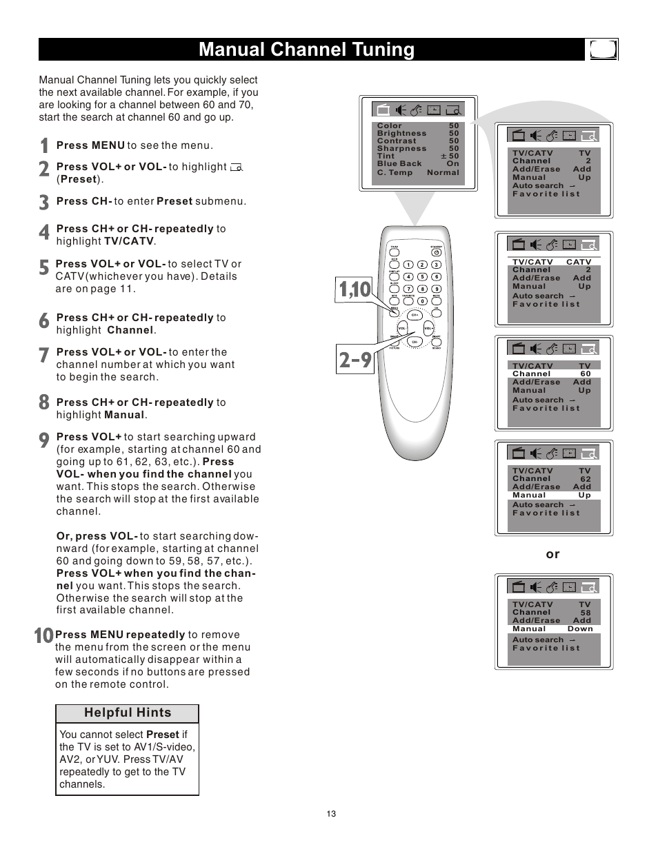 Т³гж 12, Manual channel tuning, Helpful hints | Philips Magnavox 20MS3442/17 User Manual | Page 13 / 36