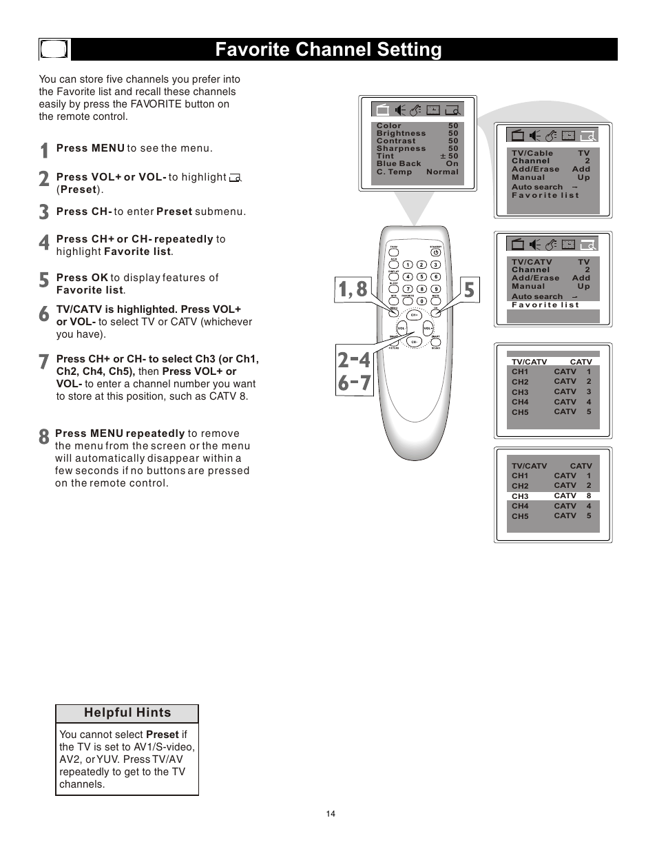 Т³гж 13, Favorite channel setting, Helpful hints | Philips Magnavox 20MS3442/17 User Manual | Page 14 / 36