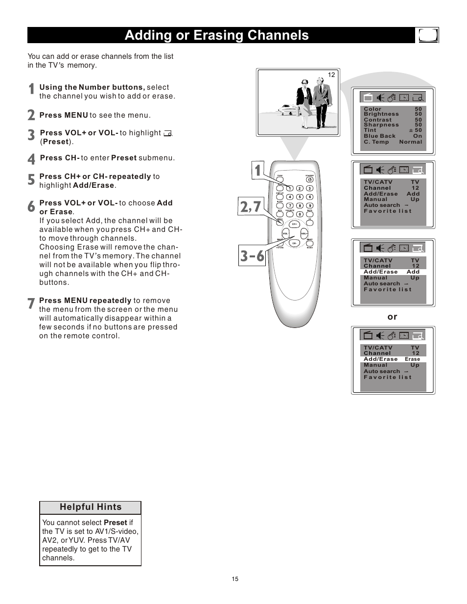 Т³гж 14, Adding or erasing channels, Helpful hints | Philips Magnavox 20MS3442/17 User Manual | Page 15 / 36