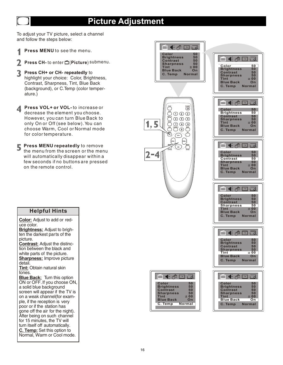 Т³гж 15, Picture adjustment, Helpful hints | Philips Magnavox 20MS3442/17 User Manual | Page 16 / 36