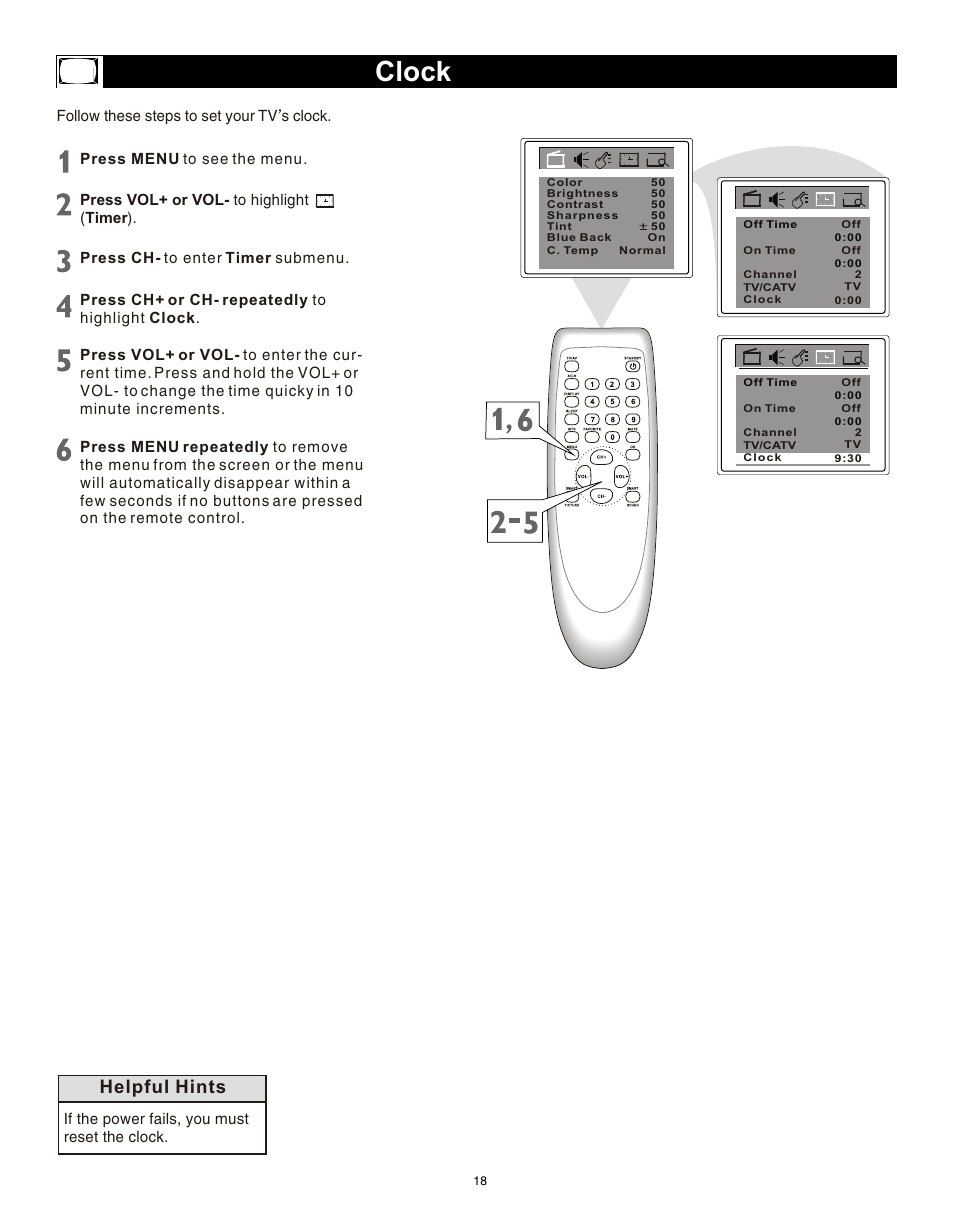 Т³гж 17, Clock, Helpful hints | Philips Magnavox 20MS3442/17 User Manual | Page 18 / 36