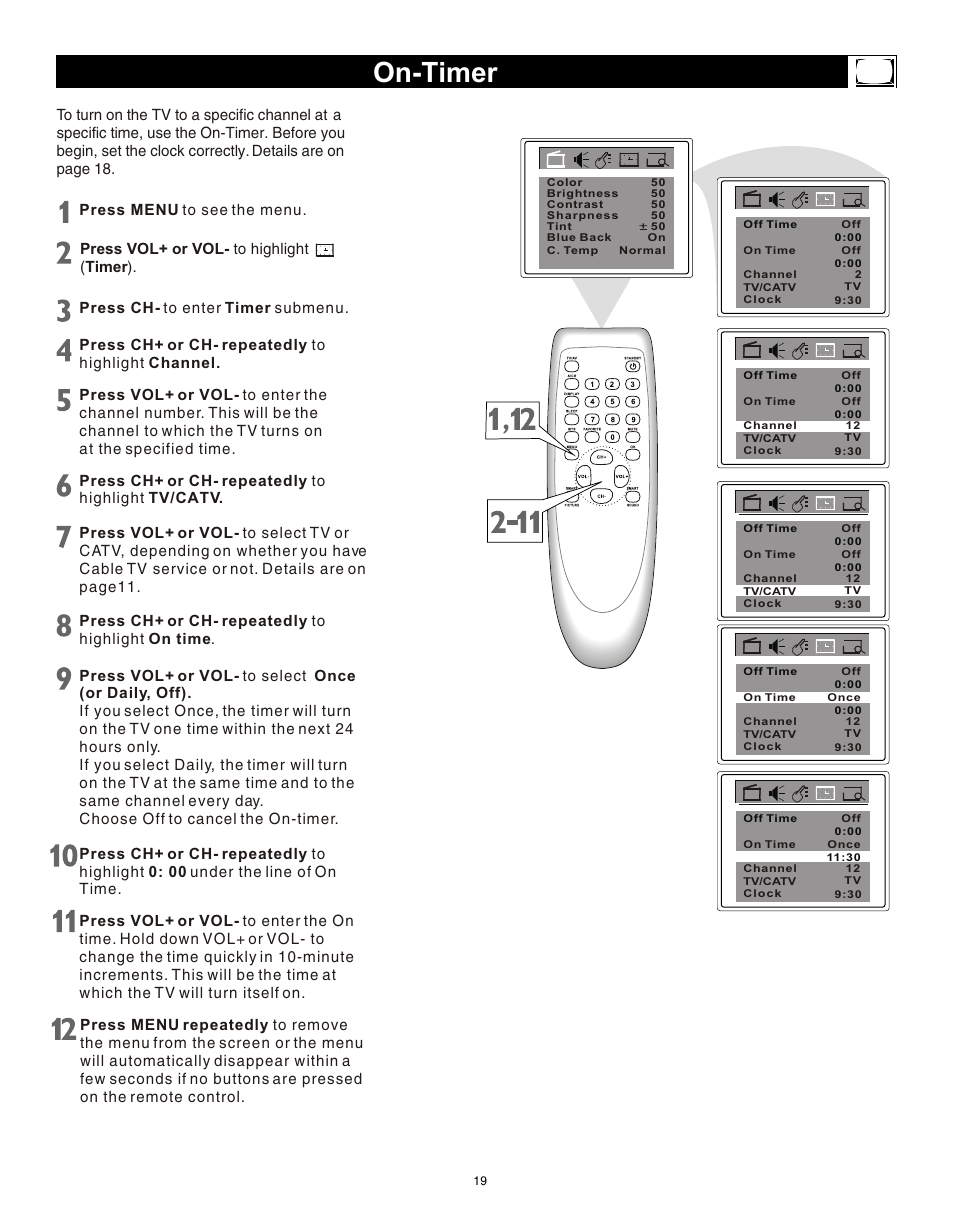 Т³гж 18, On-timer, Press vol+ or vol- to highlight ( timer ) | Philips Magnavox 20MS3442/17 User Manual | Page 19 / 36