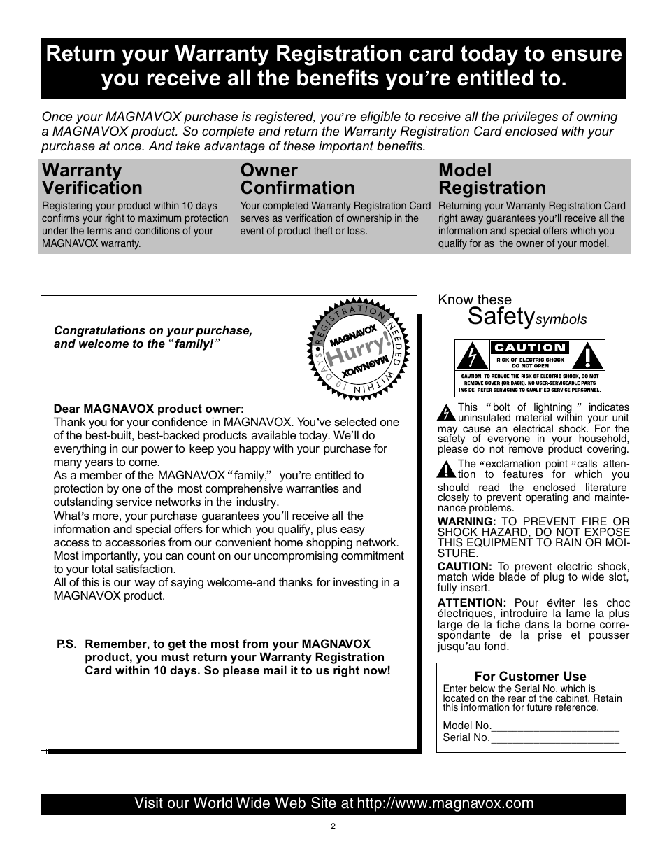 Т³гж 1, Safety, You receive all the benefits you re entitled to | Hur ry, Warranty verification, Owner confirmation model registration, Know these, Symbols | Philips Magnavox 20MS3442/17 User Manual | Page 2 / 36