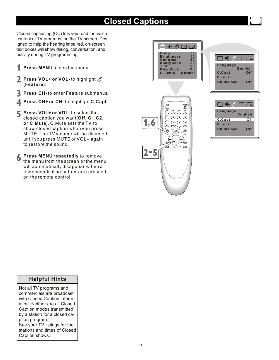 Т³гж 20, Closed captions, Helpful hints | Philips Magnavox 20MS3442/17 User Manual | Page 21 / 36