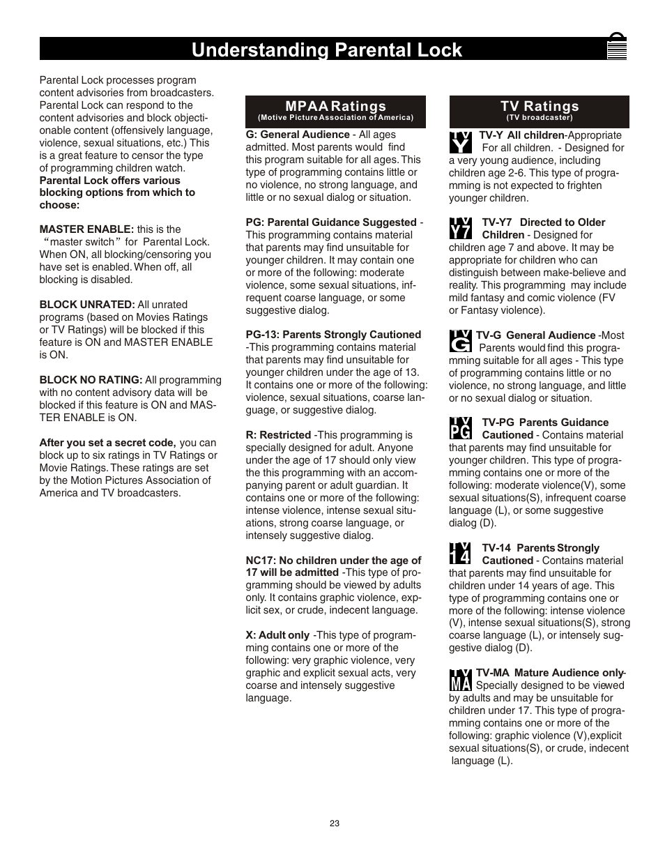 Т³гж 22, Understanding parental lock, Mpaa ratings | Tv ratings | Philips Magnavox 20MS3442/17 User Manual | Page 23 / 36