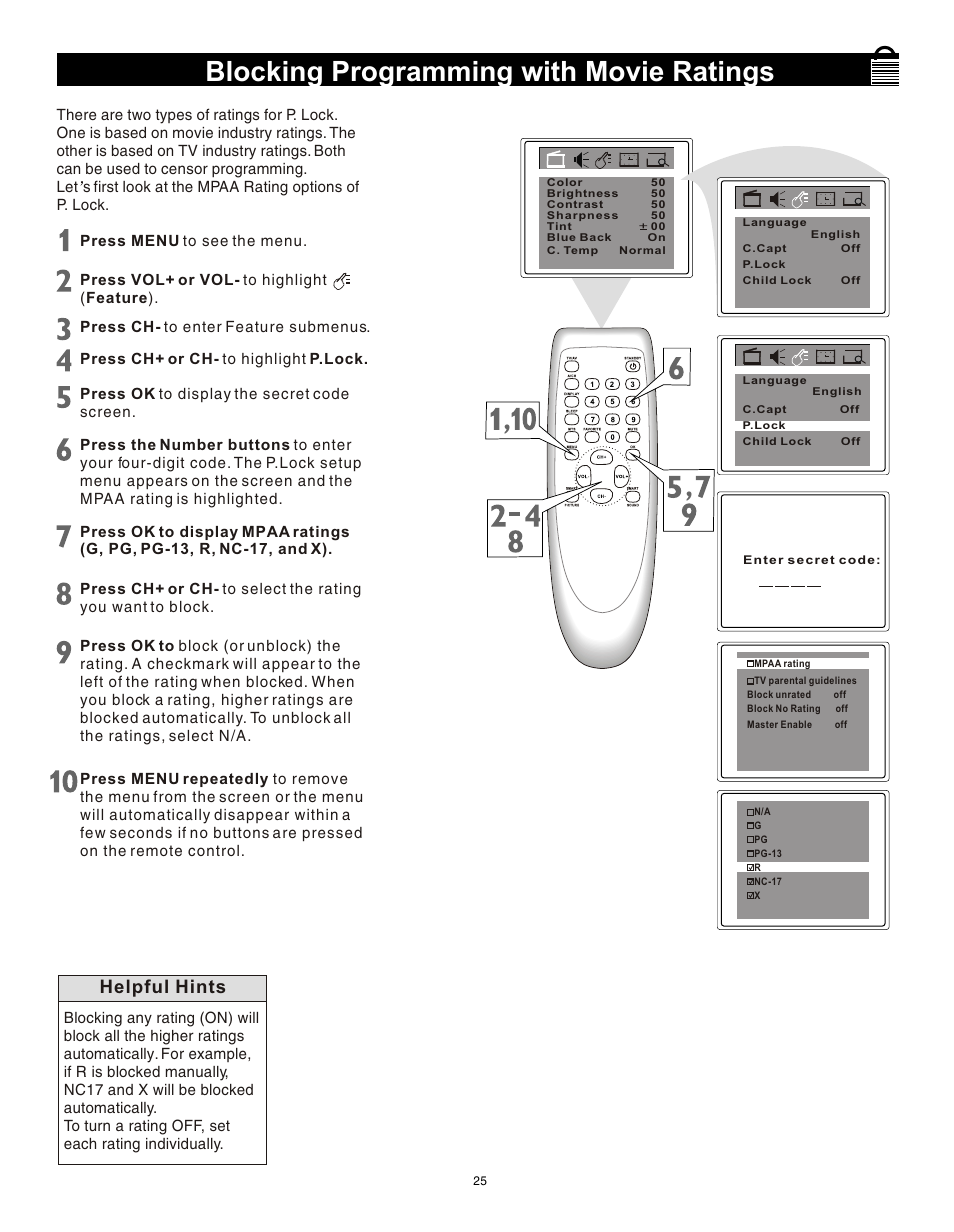 Т³гж 24, Blocking programming with movie ratings, Helpful hints | Philips Magnavox 20MS3442/17 User Manual | Page 25 / 36