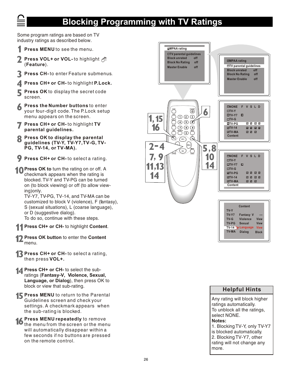 Т³гж 25, Blocking programming with tv ratings, Helpful hints | Philips Magnavox 20MS3442/17 User Manual | Page 26 / 36