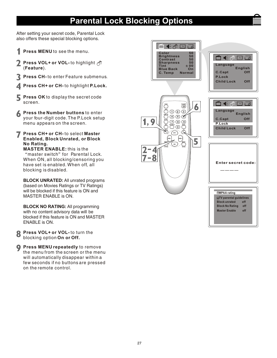 Т³гж 26, Parental lock blocking options | Philips Magnavox 20MS3442/17 User Manual | Page 27 / 36