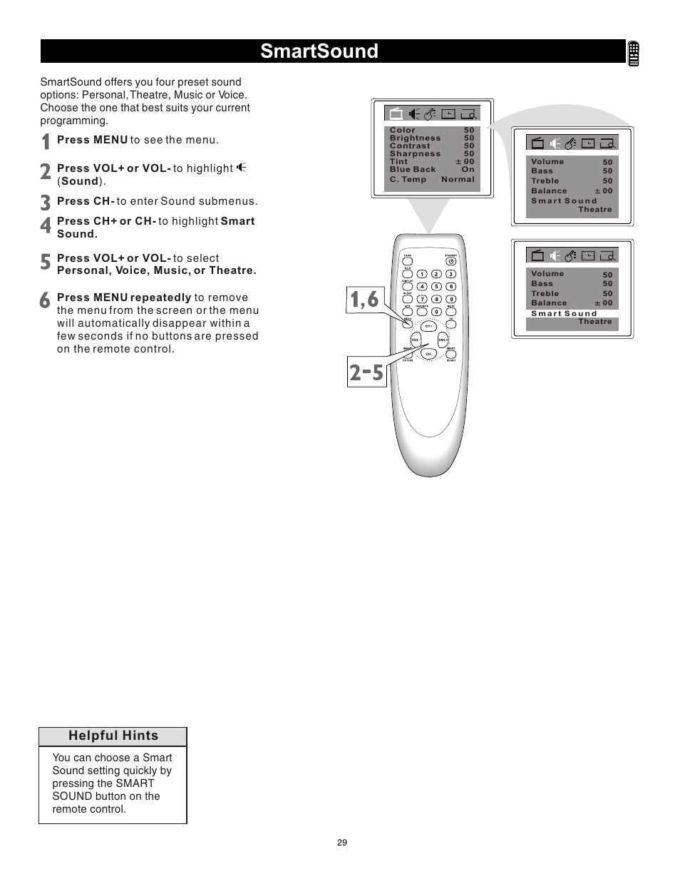 Т³гж 28, Smartsound, Helpful hints | Philips Magnavox 20MS3442/17 User Manual | Page 29 / 36