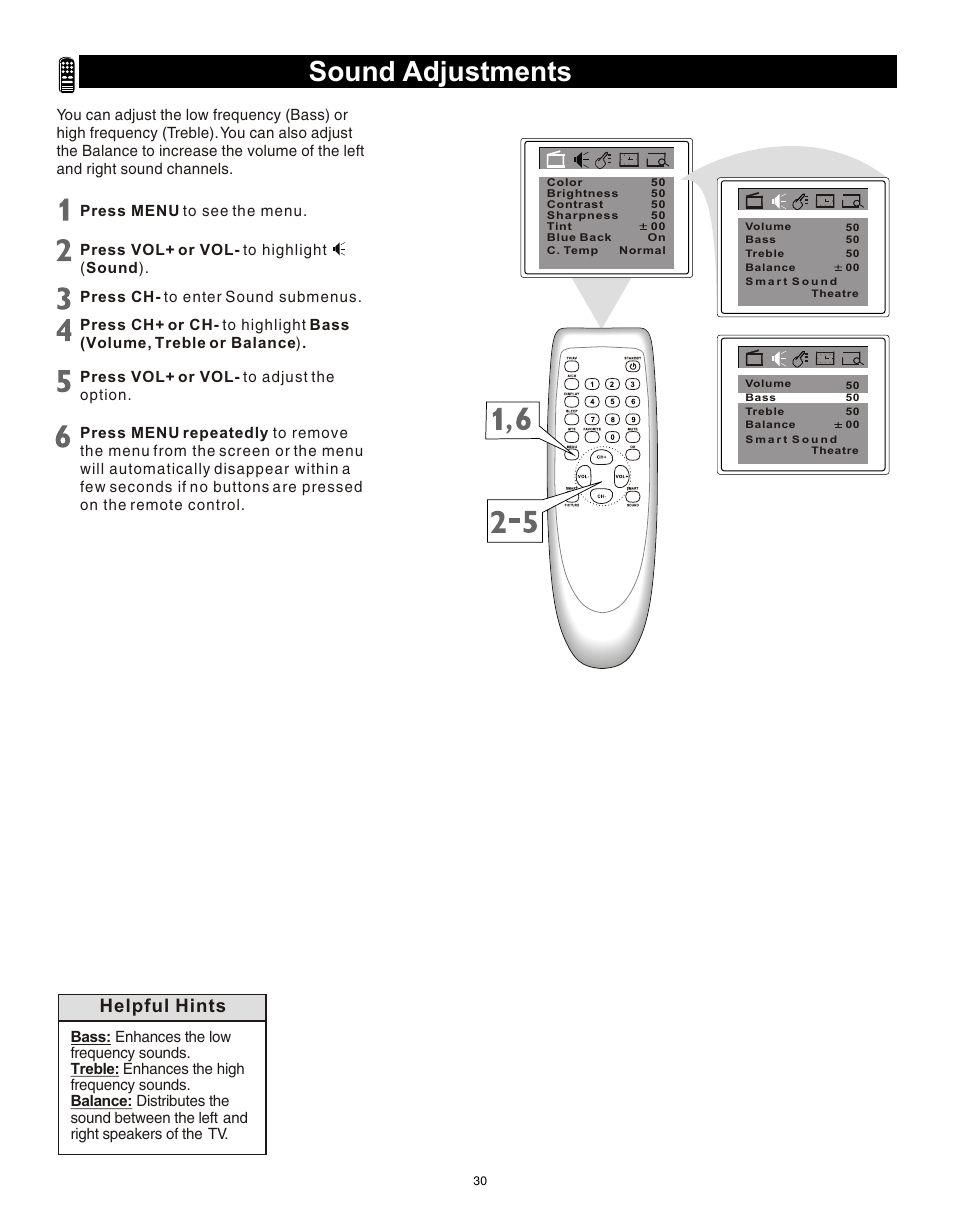 Т³гж 29, Sound adjustments, Helpful hints | Philips Magnavox 20MS3442/17 User Manual | Page 30 / 36