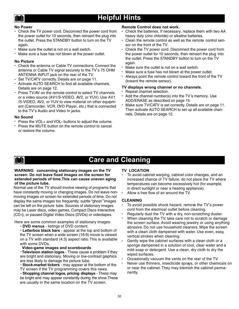 Т³гж 31, Helpful hints, Care and cleaning | Philips Magnavox 20MS3442/17 User Manual | Page 32 / 36