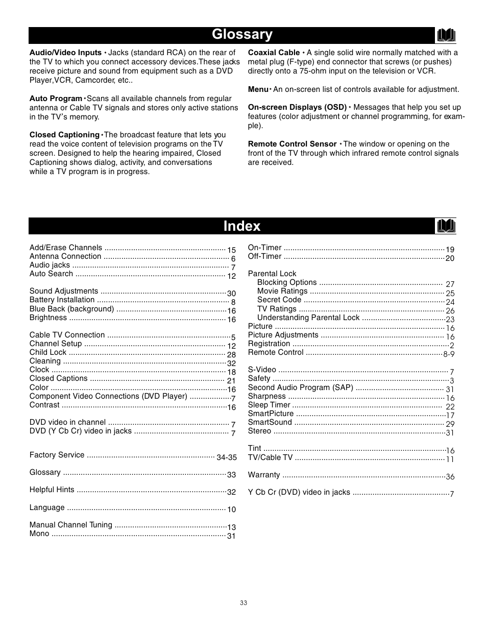 Т³гж 32, Glossary index | Philips Magnavox 20MS3442/17 User Manual | Page 33 / 36