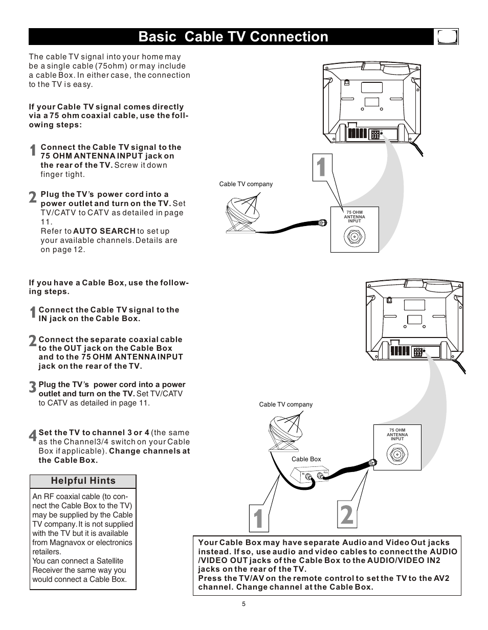 Т³гж 4, Basic cable tv connection, Helpful hints | Philips Magnavox 20MS3442/17 User Manual | Page 5 / 36