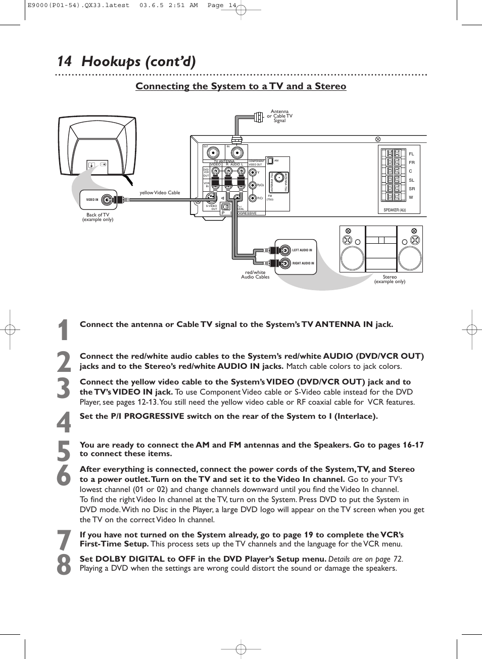 14 hookups (cont’d), Connecting the system to a tv and a stereo | Philips Magnavox MRD500VR User Manual | Page 14 / 84