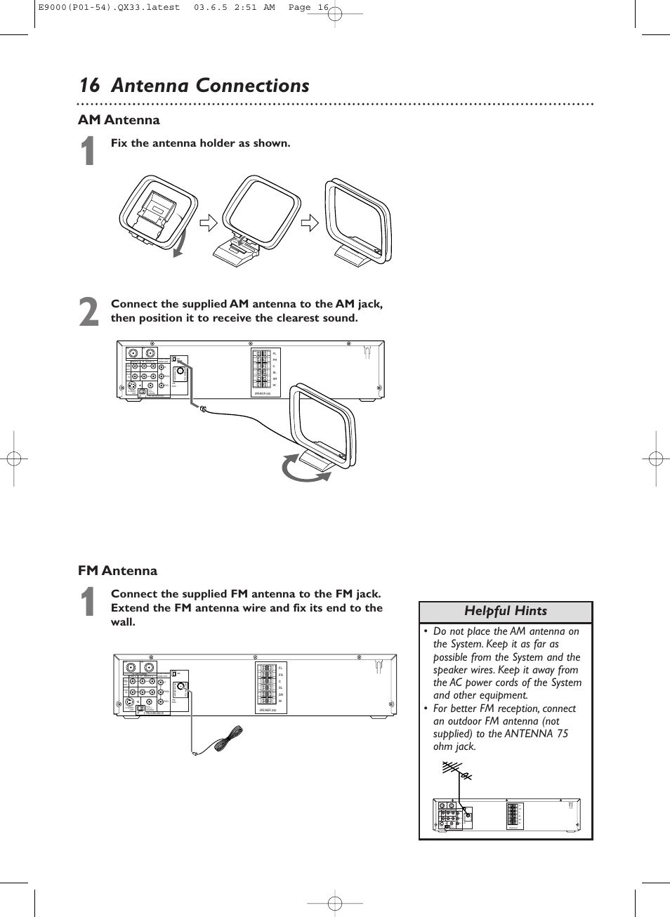 16 antenna connections, Am antenna, Fm antenna | Helpful hints, Fix the antenna holder as shown, Digital audio out | Philips Magnavox MRD500VR User Manual | Page 16 / 84