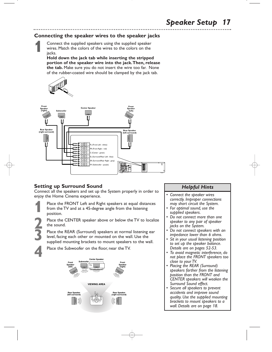 Speaker setup 17, Connecting the speaker wires to the speaker jacks, Setting up surround sound | Helpful hints | Philips Magnavox MRD500VR User Manual | Page 17 / 84