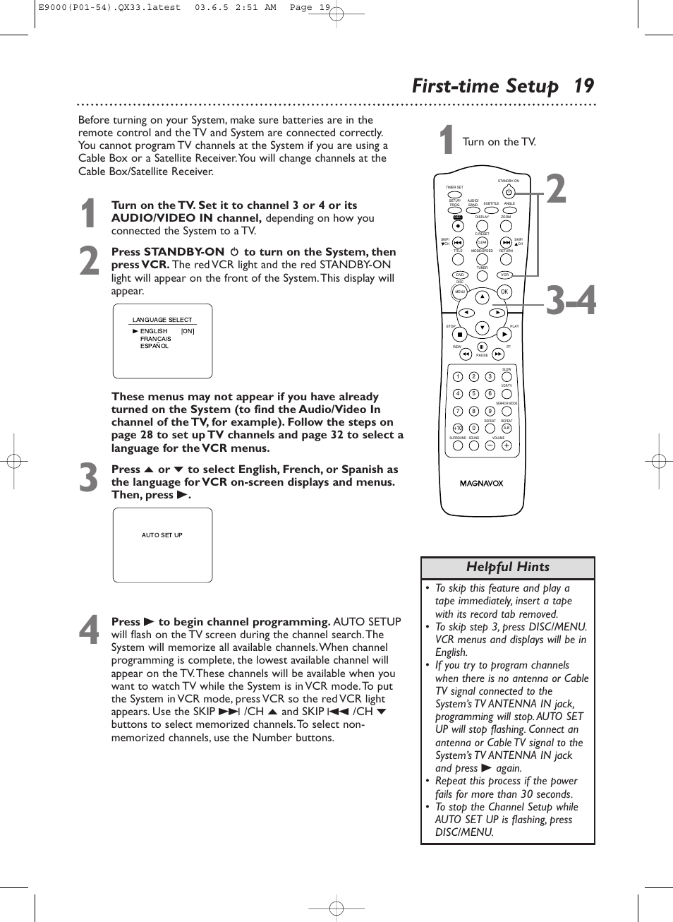 First-time setup 19, Helpful hints | Philips Magnavox MRD500VR User Manual | Page 19 / 84