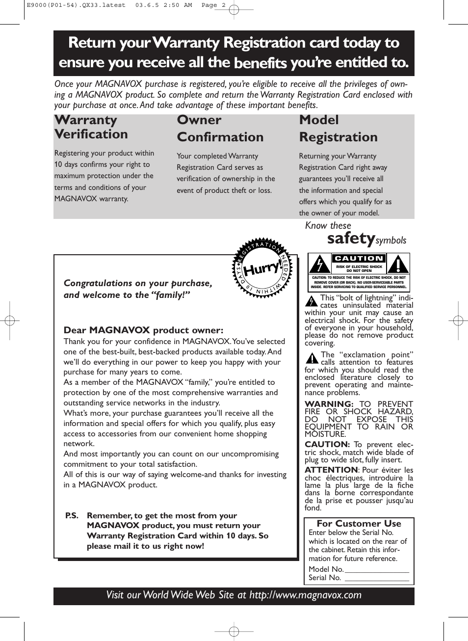 Safety, Warranty verification, Owner confirmation | Model registration | Philips Magnavox MRD500VR User Manual | Page 2 / 84