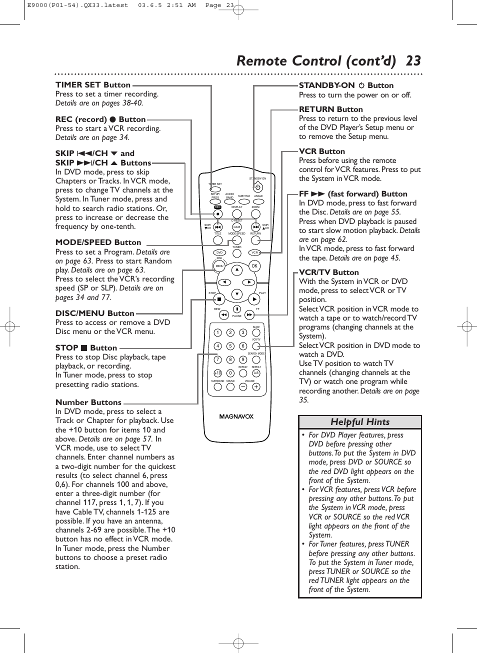 Remote control (cont’d) 23, Helpful hints | Philips Magnavox MRD500VR User Manual | Page 23 / 84