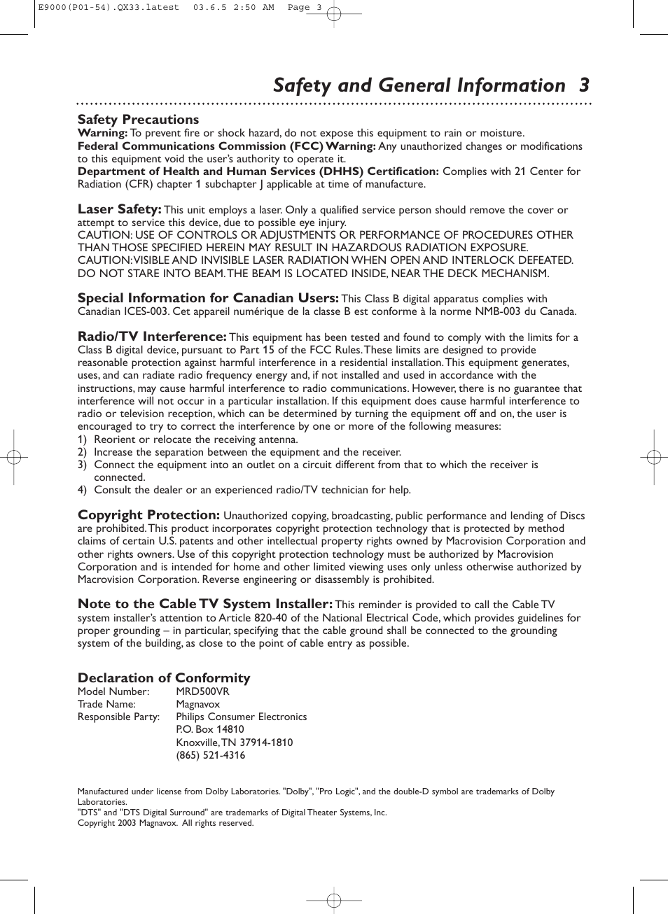 Safety and general information 3 | Philips Magnavox MRD500VR User Manual | Page 3 / 84