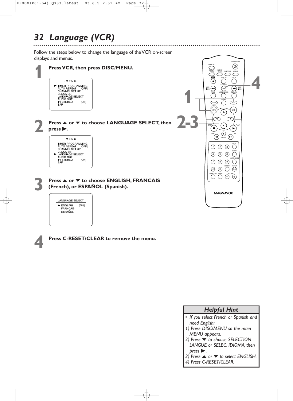 32 language (vcr), Helpful hint, Press vcr, then press disc/menu | Press c-reset/clear to remove the menu | Philips Magnavox MRD500VR User Manual | Page 32 / 84