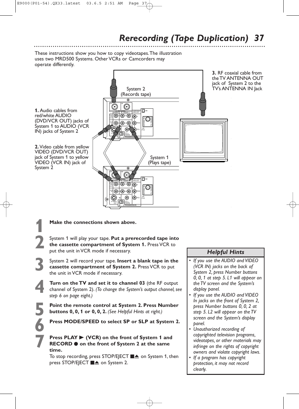 Rerecording (tape duplication) 37, Helpful hints, Make the connections shown above | Press mode/speed to select sp or slp at system 2 | Philips Magnavox MRD500VR User Manual | Page 37 / 84