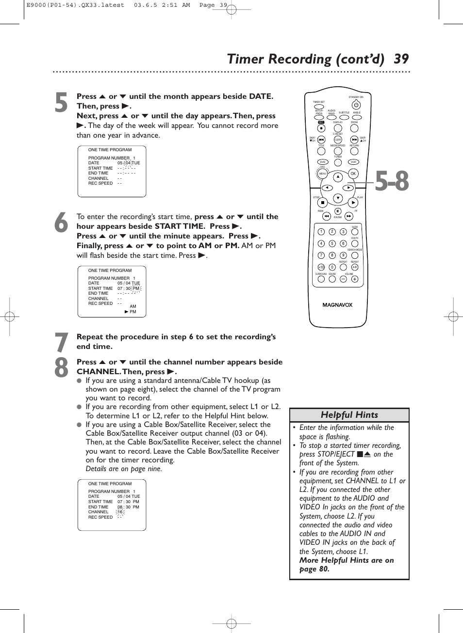 Timer recording (cont’d) 39, Helpful hints | Philips Magnavox MRD500VR User Manual | Page 39 / 84