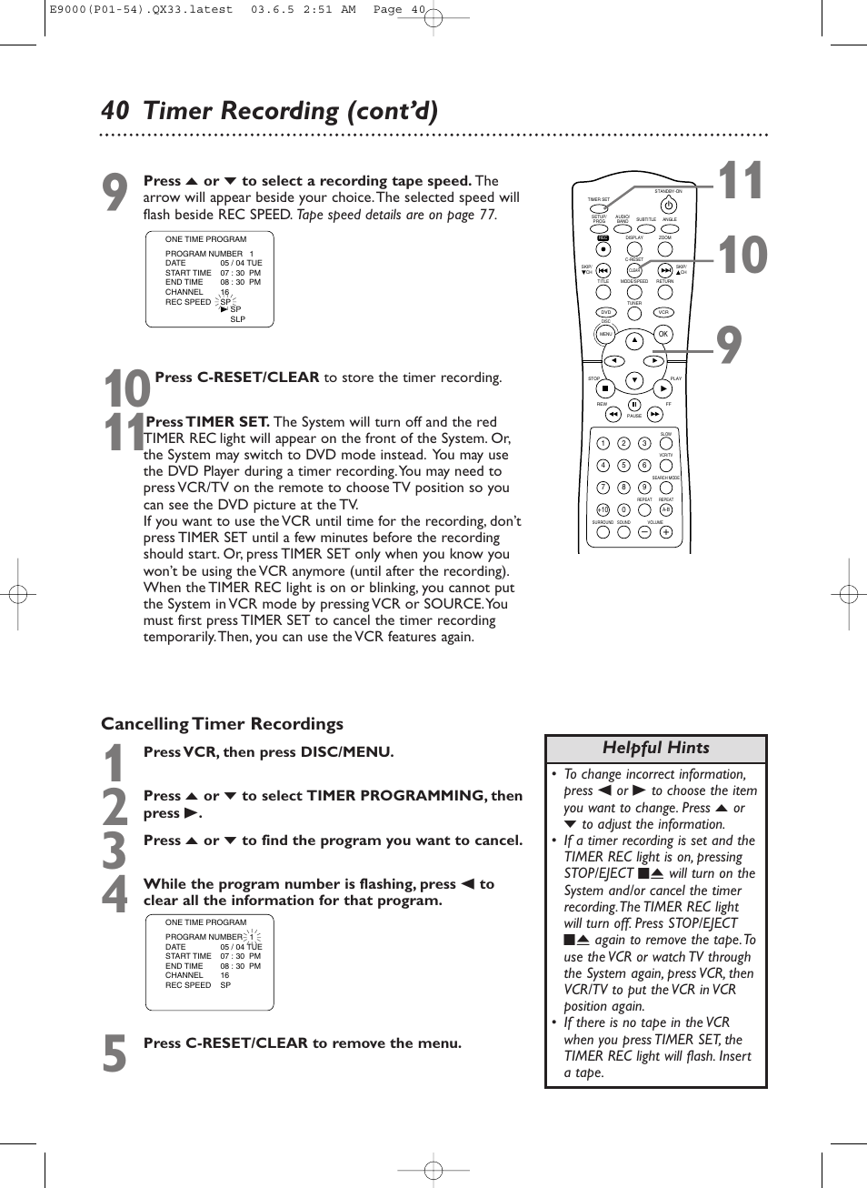 40 timer recording (cont’d), Cancelling timer recordings, Helpful hints | Philips Magnavox MRD500VR User Manual | Page 40 / 84