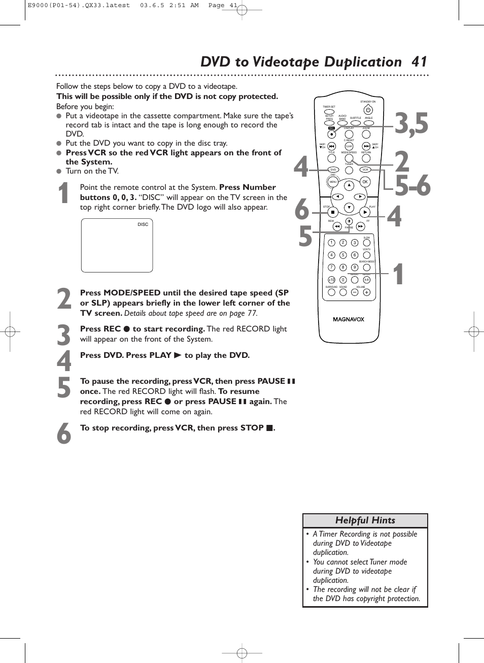 Dvd to videotape duplication 41 | Philips Magnavox MRD500VR User Manual | Page 41 / 84