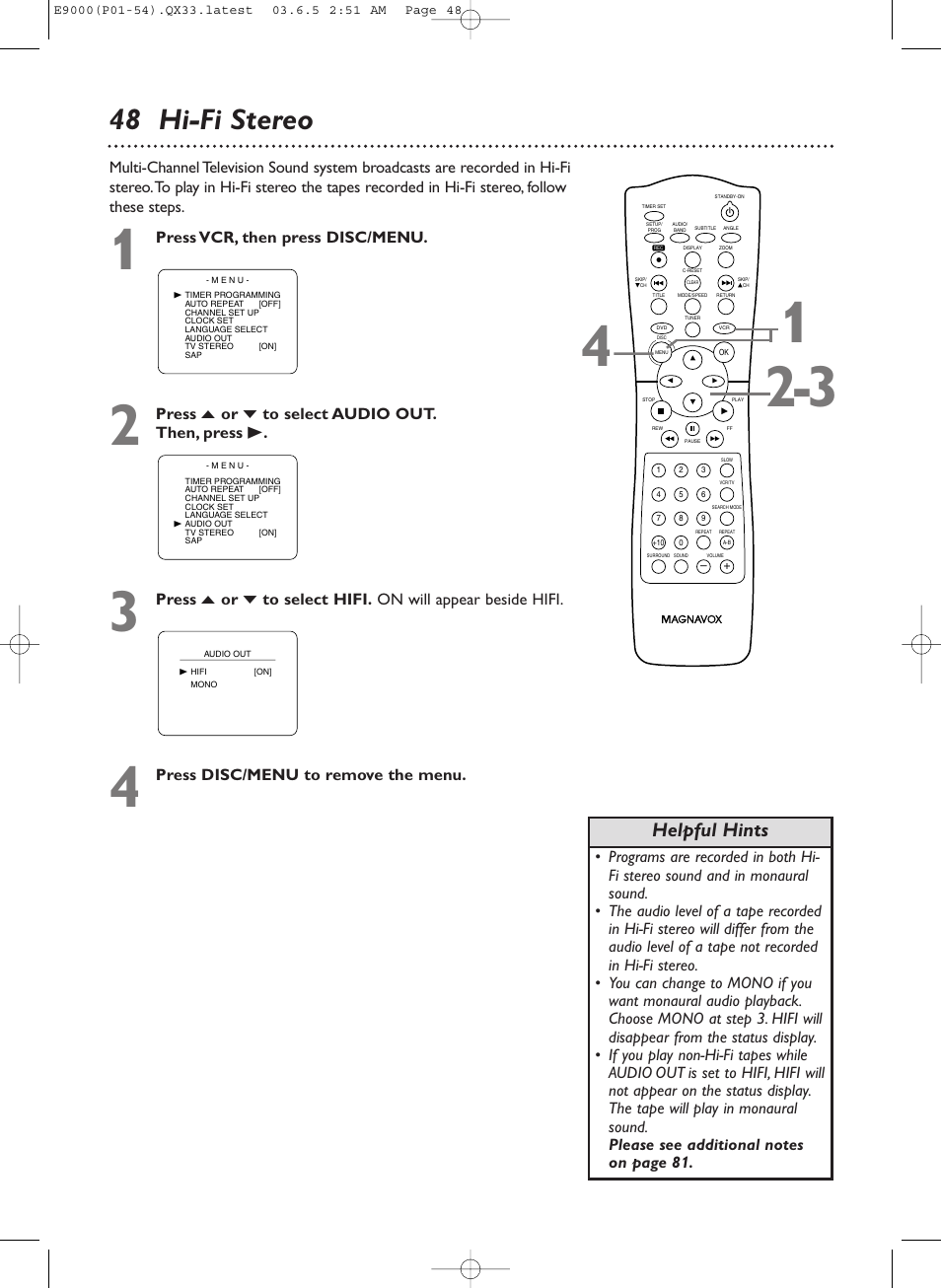 48 hi-fi stereo, Helpful hints, Press vcr, then press disc/menu | Press o or p to select audio out. then, press b, Press disc/menu to remove the menu | Philips Magnavox MRD500VR User Manual | Page 48 / 84