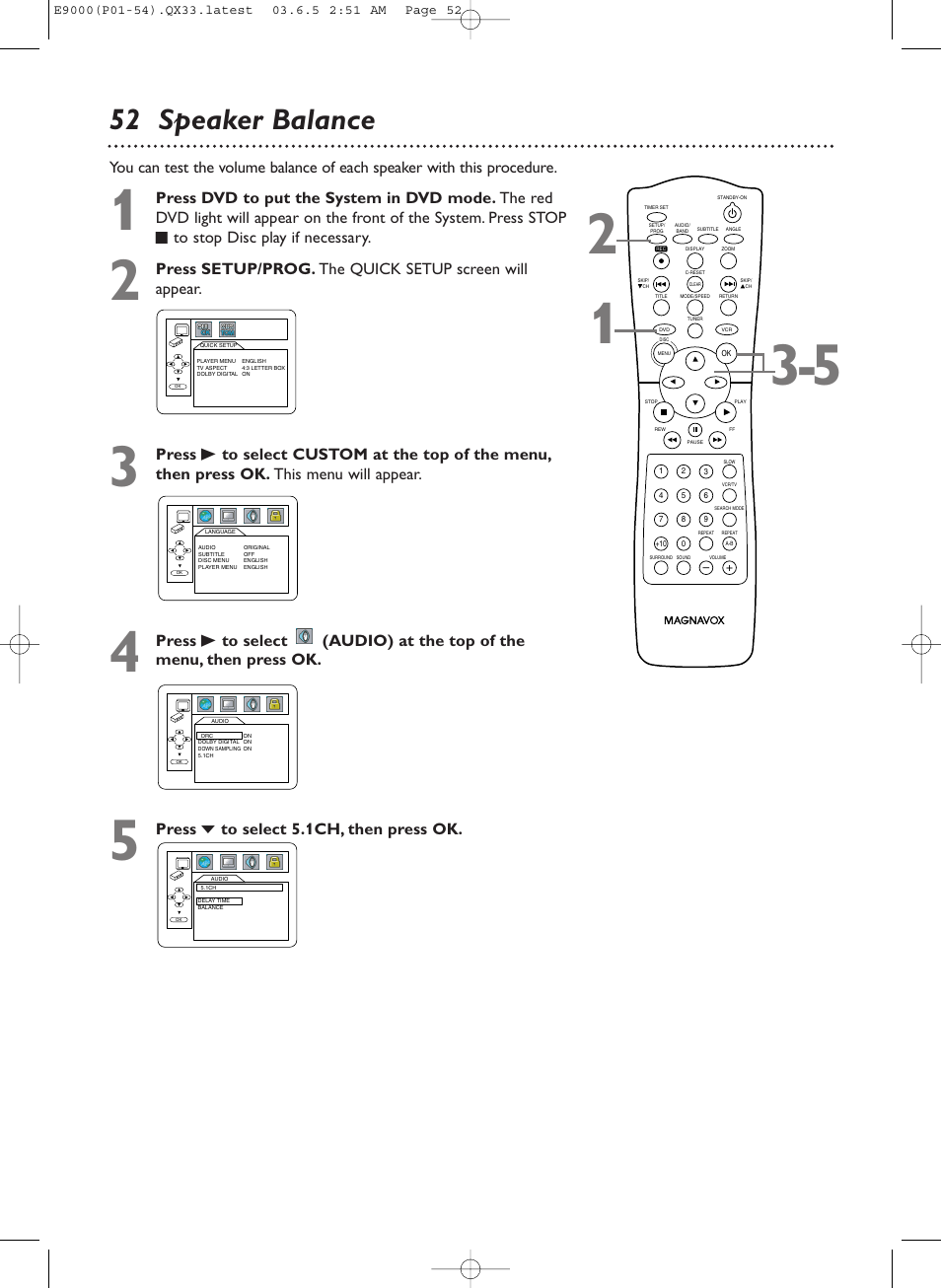 52 speaker balance, Press p to select 5.1ch, then press ok | Philips Magnavox MRD500VR User Manual | Page 52 / 84