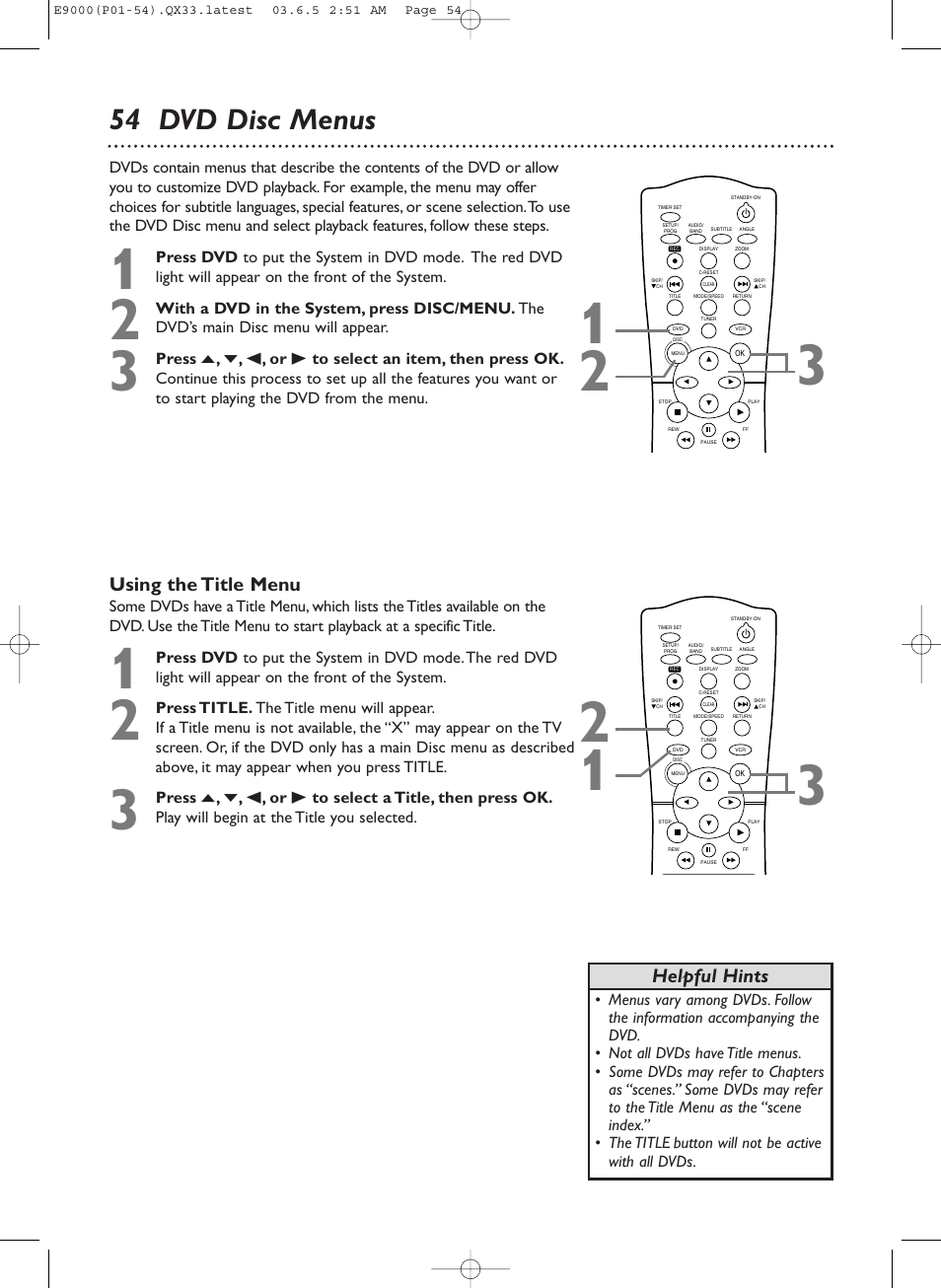 54 dvd disc menus, Using the title menu, Helpful hints | Philips Magnavox MRD500VR User Manual | Page 54 / 84