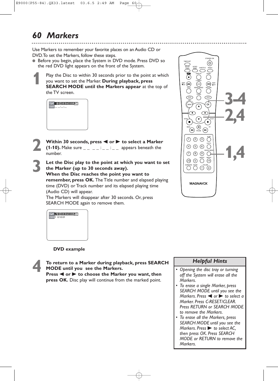 60 markers, Helpful hints | Philips Magnavox MRD500VR User Manual | Page 60 / 84