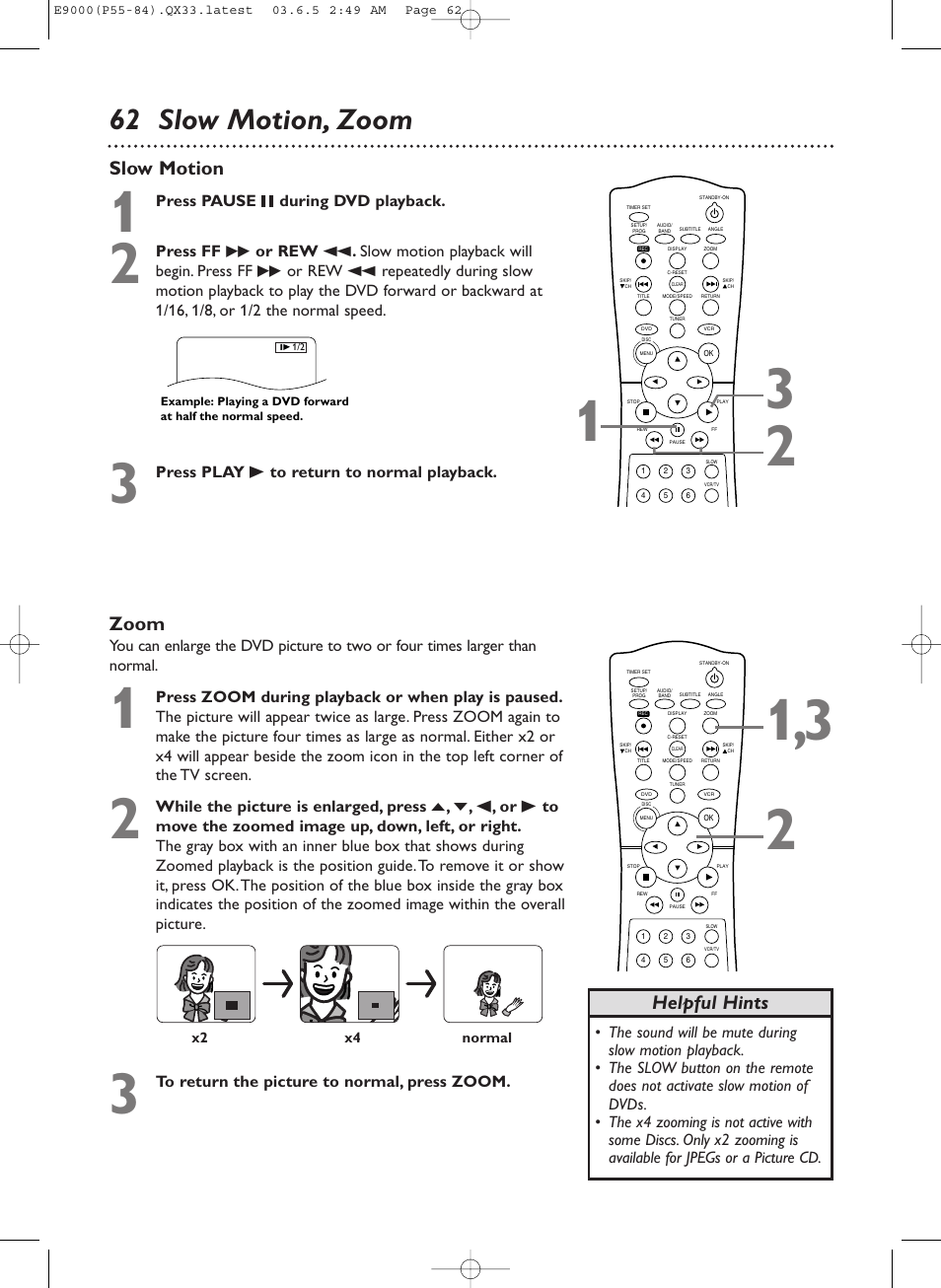 62 slow motion, zoom, Slow motion, Zoom | Helpful hints | Philips Magnavox MRD500VR User Manual | Page 62 / 84