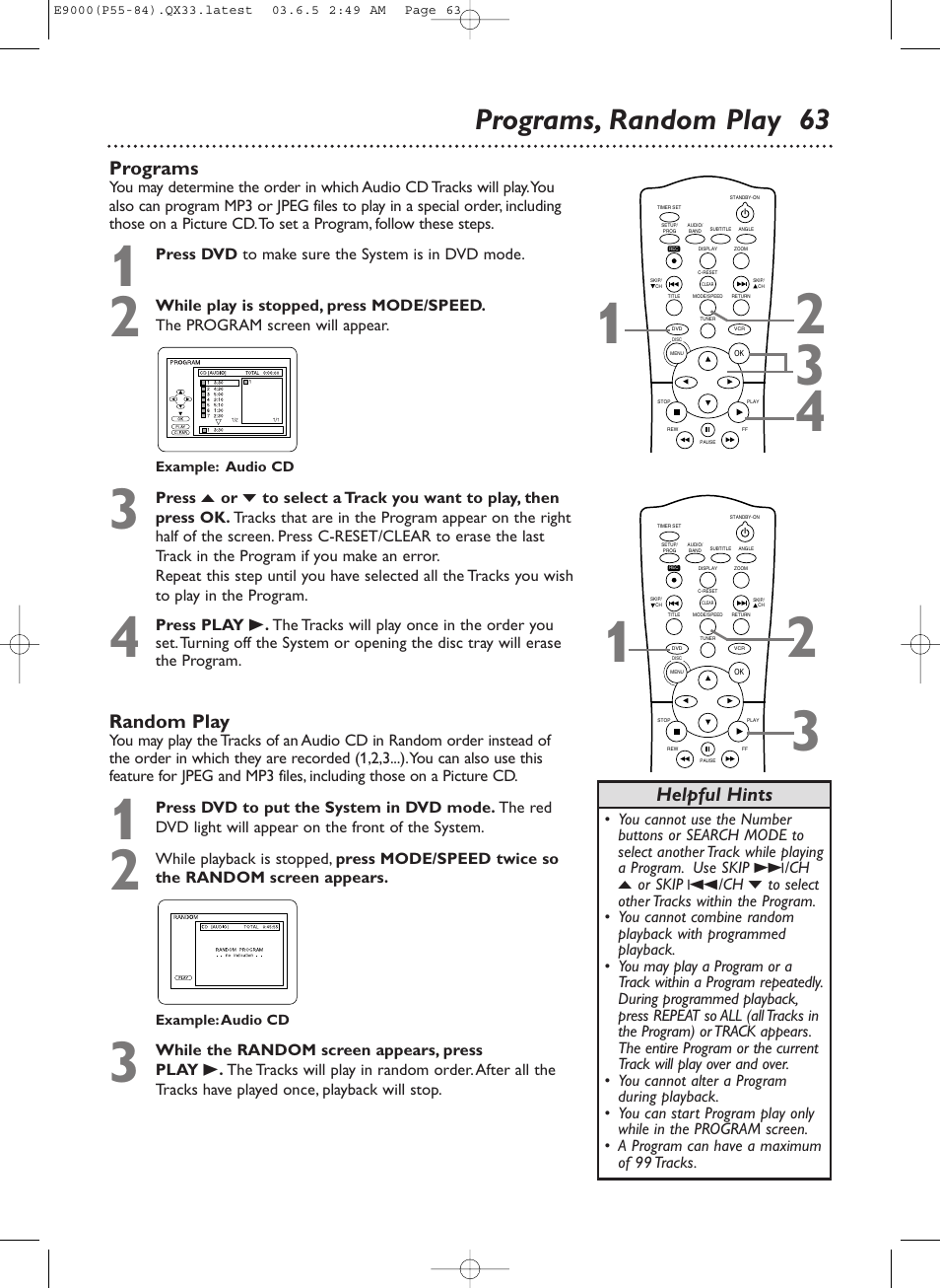 Programs, random play 63, Programs, Random play | Helpful hints | Philips Magnavox MRD500VR User Manual | Page 63 / 84