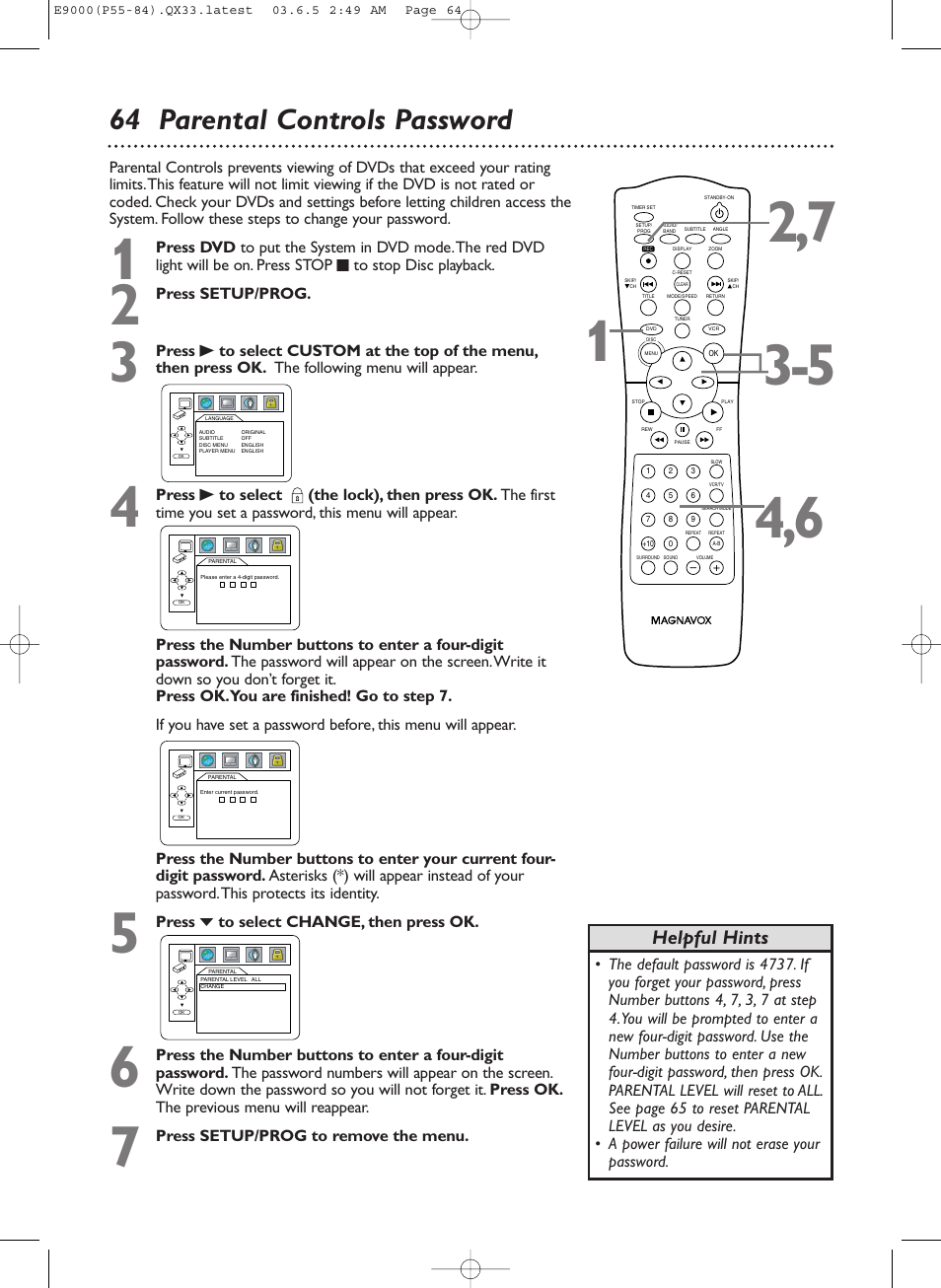 64 parental controls password, Helpful hints | Philips Magnavox MRD500VR User Manual | Page 64 / 84