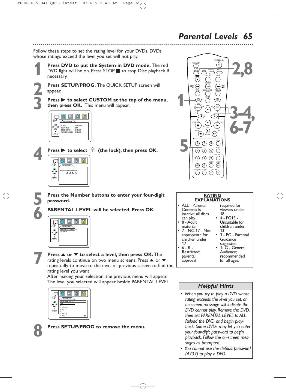 Parental levels 65, Helpful hints | Philips Magnavox MRD500VR User Manual | Page 65 / 84