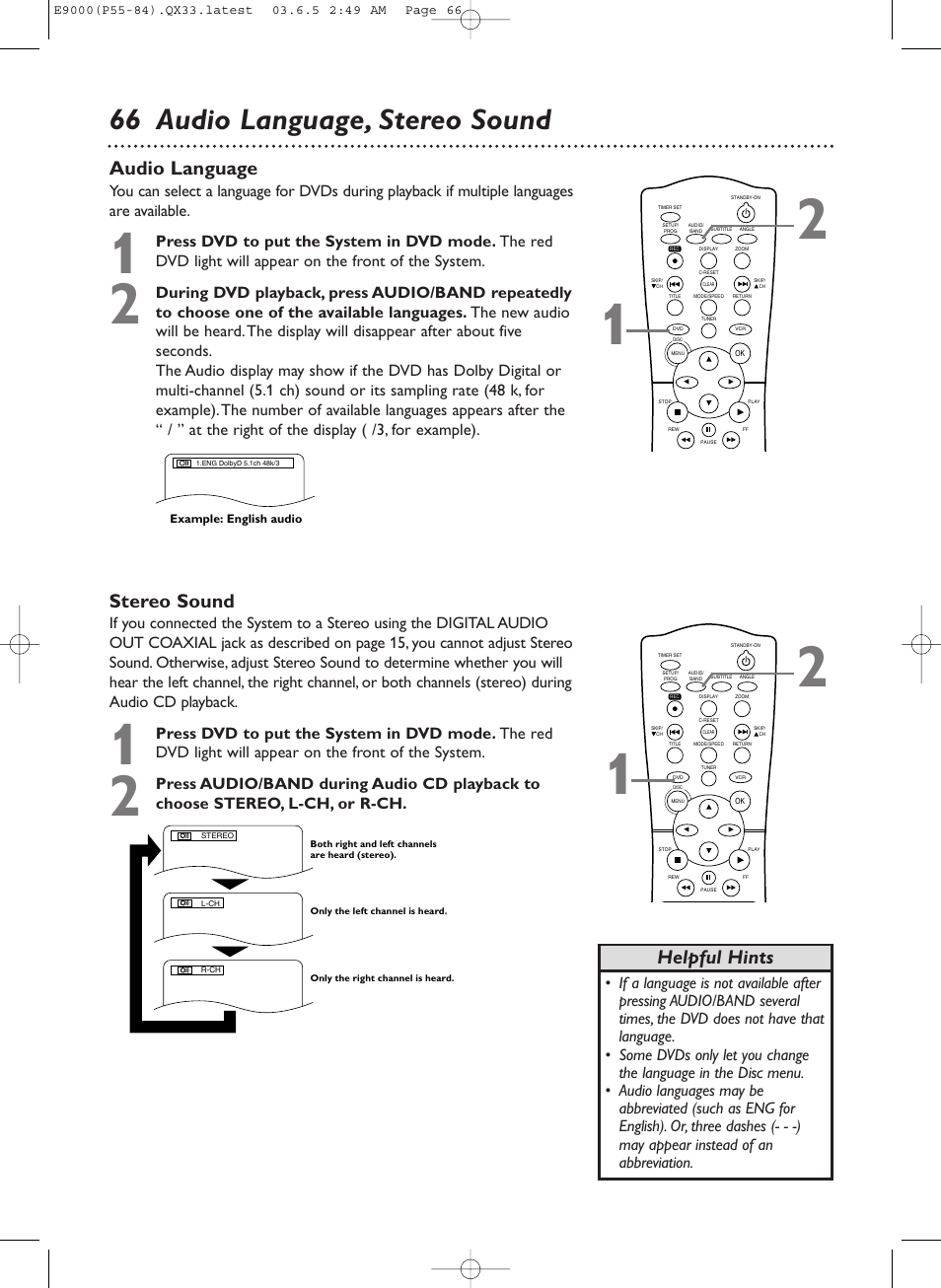 66 audio language, stereo sound, Audio language, Stereo sound | Helpful hints | Philips Magnavox MRD500VR User Manual | Page 66 / 84