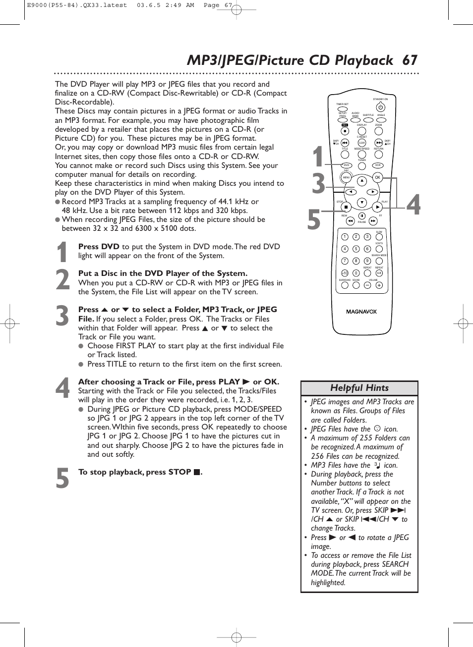 Mp3/jpeg/picture cd playback 67, Helpful hints | Philips Magnavox MRD500VR User Manual | Page 67 / 84