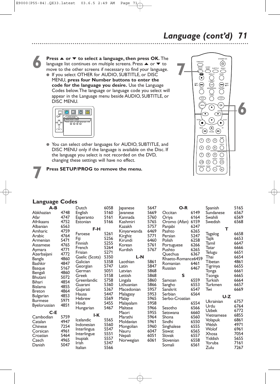 Language (cont’d) 71, Language codes | Philips Magnavox MRD500VR User Manual | Page 71 / 84